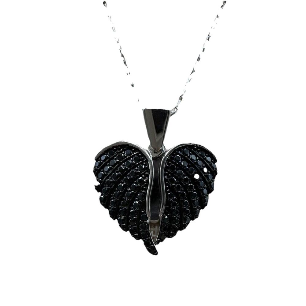 .68ctw Black Spinel Opening Angel Wing Heart Sterling Silver Necklace